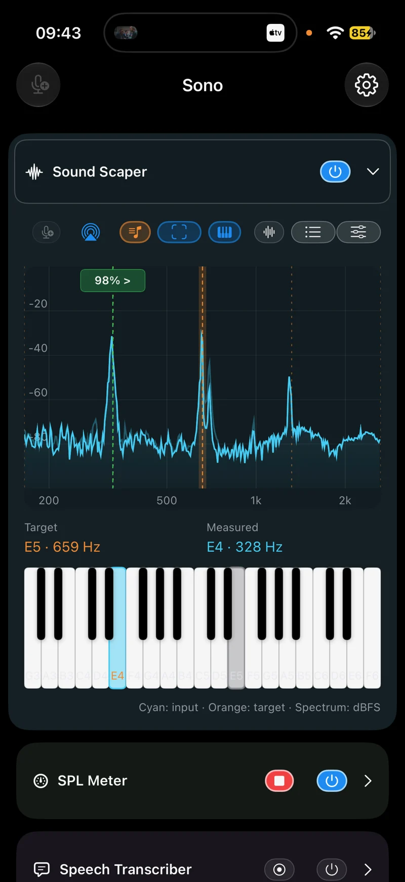 Sono Sound Scaper showing a live frequency spectrum and piano keyboard